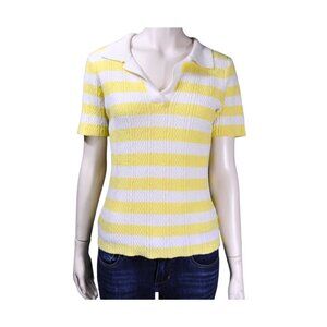 Downeast Yellow & White Striped Textured Polo Top | XS